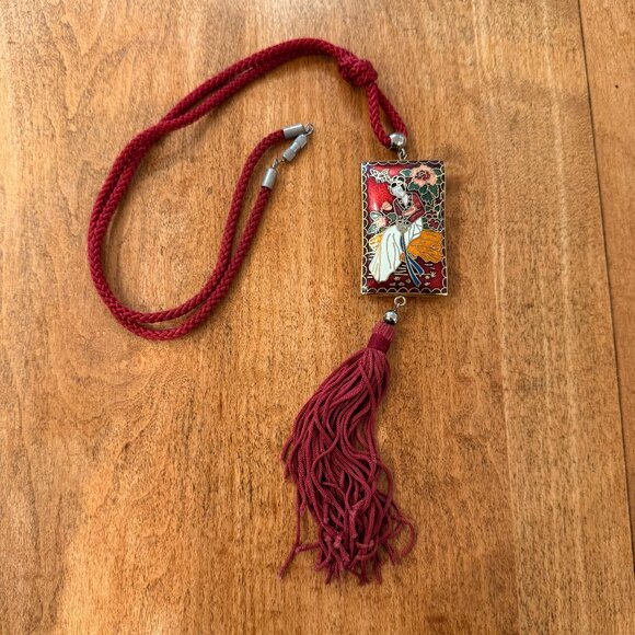 Asian Enamel Pendant on Red Rope Cord w. Tassel Long Necklace - Picture 1 of 9